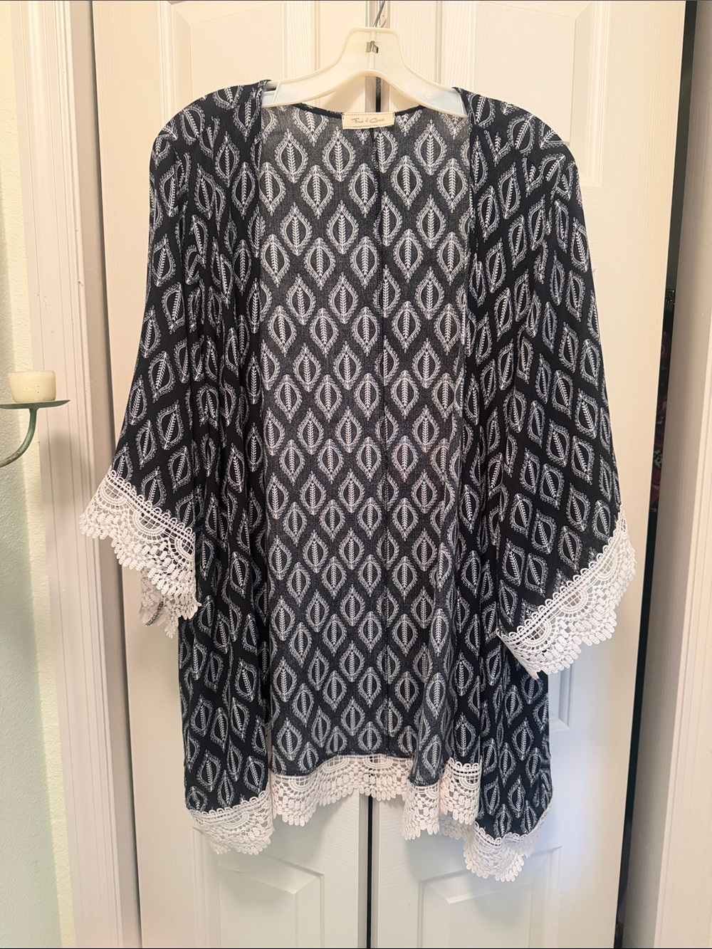 Black & White Patterned Kimono Tunic with Crochet Trim